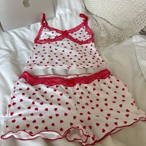 Source Unknown White Cami & Shorts Pajama Set with Red Hearts and Lace